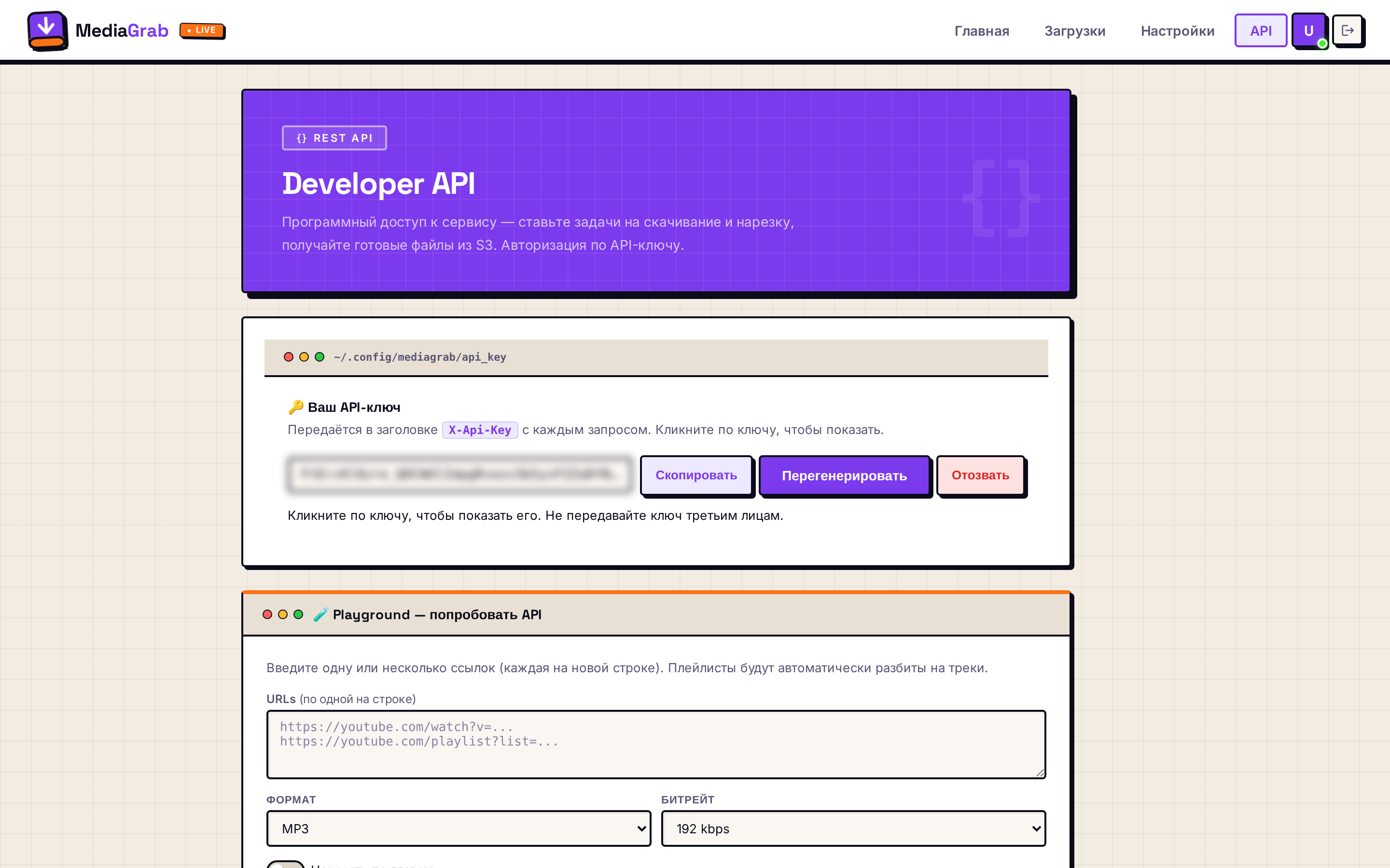 Страница Developer API